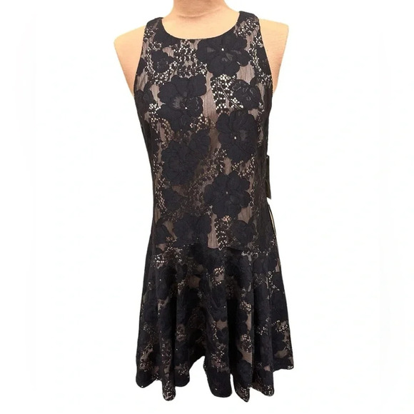 Eliza J Navy Floral Lace Fit & Flare Cocktail Dress Size 4 - Picture 2 of 10
